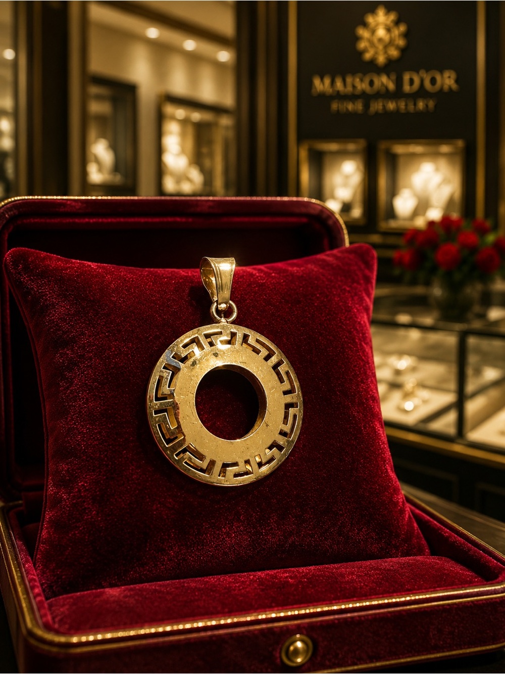 14K Gold Plated Italian Greek Key Open Circle Pendant Necklace